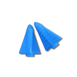 Image is of Blue Rocket Shaped Chew Pencil Toppers with raised lines and raised bumps.