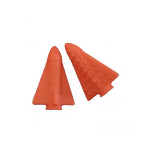 Image is of Orange Rocket Shaped Chew Pencil Toppers with raised lines and raised bumps.